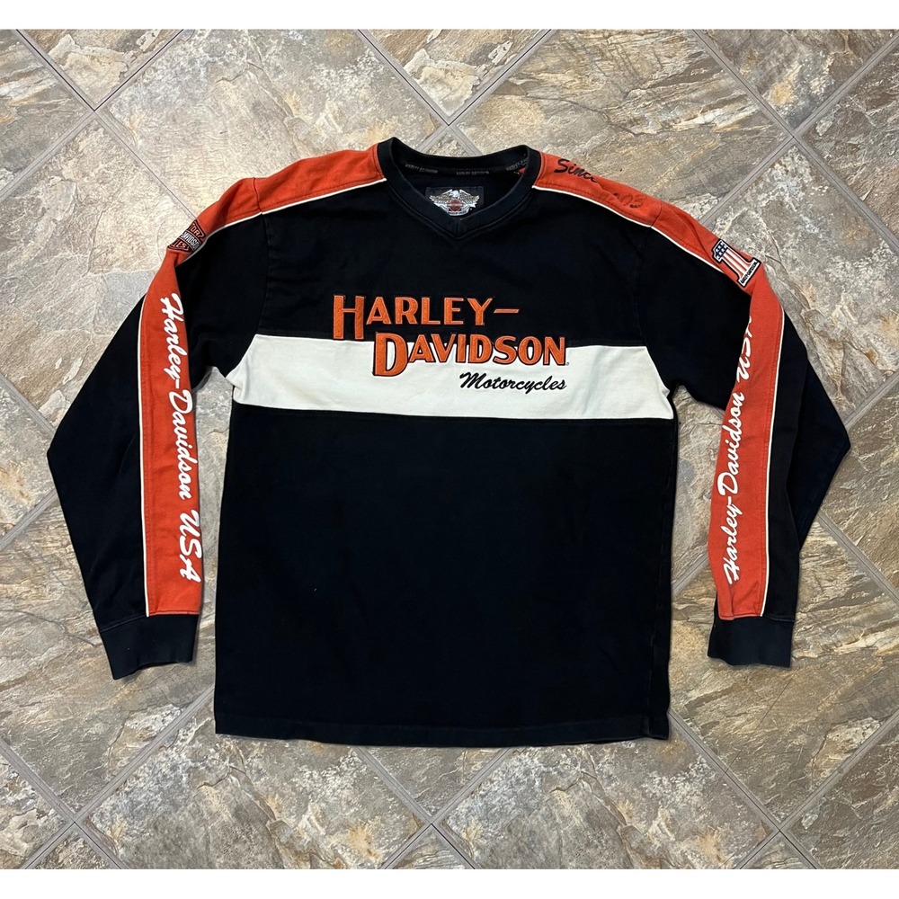 Harley Davidson Sweatshirt Men Large Black Orange Distressed Embroidered